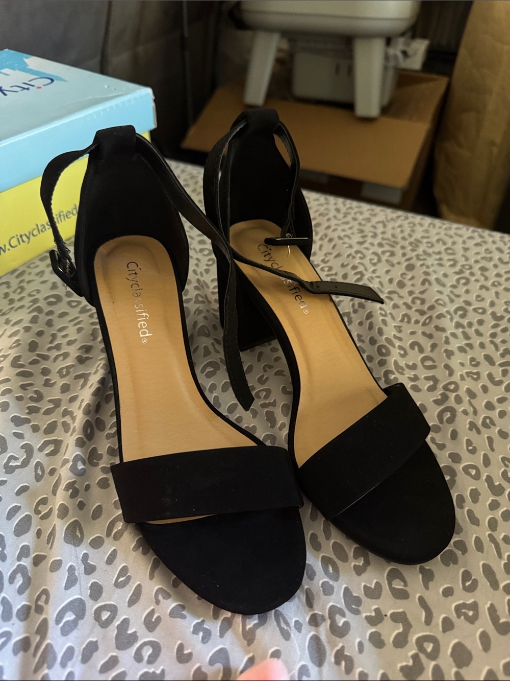 Cityclassified Black Suede Open-Toe Ankle Strap Heels